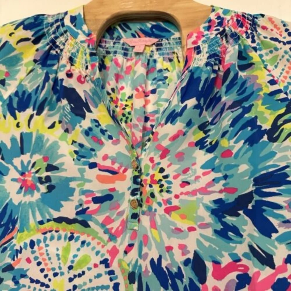 Lilly Pulitzer Blouse Womens S Silk Elsa Top Multi Dive In Floral Print Long Slv - Picture 2 of 6
